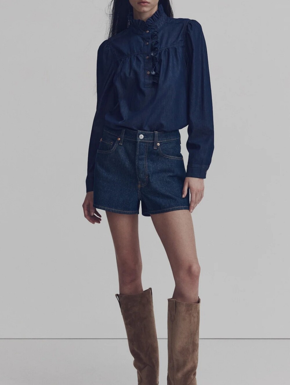 H&M Ruffled-collar Denim Blouse Dark Denim Blue Bnwt
